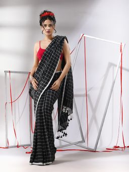 CHARUKRITI - Black Cotton Check Designs Saree with Unstitched Blouse