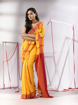 CHARUKRITI - Yellow Cotton Stripe Designs Saree with Unstitched Blouse