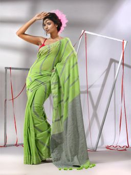 CHARUKRITI - Green Cotton Stripes Design Saree with Unstitched Blouse