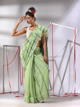 CHARUKRITI - Pear Green Cotton Stripes Design Saree with Unstitched Blouse
