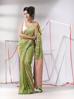CHARUKRITI - Green Cotton Stripes Design Saree with Unstitched Blouse