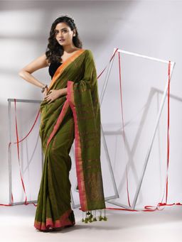 CHARUKRITI - Sap Green Soft Cotton Zari Stripe Designs Saree with Unstitched Blouse