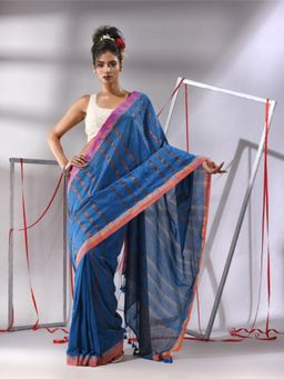 CHARUKRITI - Sapphire Blue Soft Cotton Zari Stripe Designs Saree with Unstitched Blouse