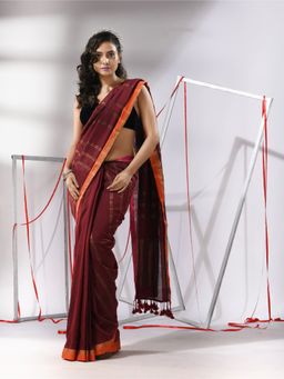 CHARUKRITI - Maroon Soft Cotton Zari Stripe Designs Saree with Unstitched Blouse
