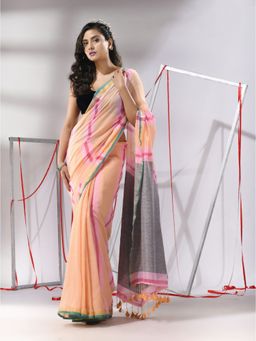 CHARUKRITI - Peach Cotton Stripes Design Saree with Unstitched Blouse