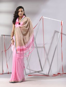 CHARUKRITI - Baby Pink Cotton Dual Border Saree with Unstitched Blouse