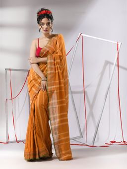 CHARUKRITI - Goldenrod Orange Cotton Stripes Design Saree with Unstitched Blouse