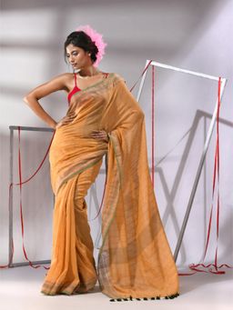 CHARUKRITI - Orange Cotton Stripes Design Saree with Unstitched Blouse