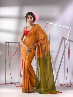 CHARUKRITI - Orange Cotton Zari Border Saree with Unstitched Blouse