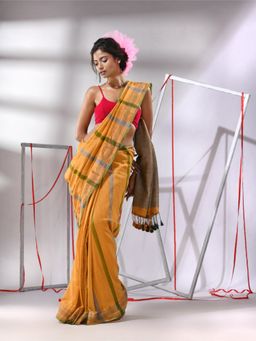 CHARUKRITI - Yellow Cotton Stripe Designs Saree with Unstitched Blouse