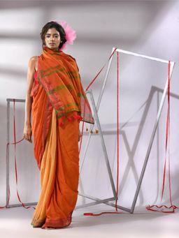 CHARUKRITI - Orange Cotton Zari Border Saree with Unstitched Blouse