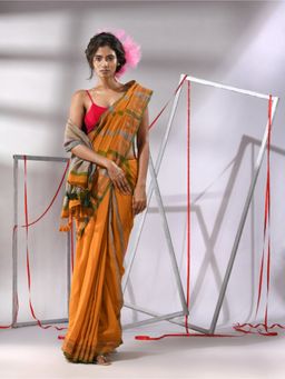 CHARUKRITI - Yellow Cotton Stripe Designs Saree with Unstitched Blouse