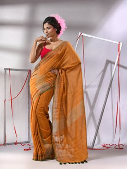 CHARUKRITI - Mustard Cotton Gheecha Stripe Saree with Unstitched Blouse