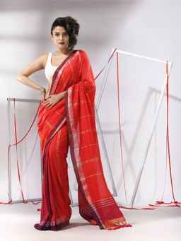 CHARUKRITI - Red Cotton Patli Pallu Stripes Zari Designs Saree with Unstitched Blouse