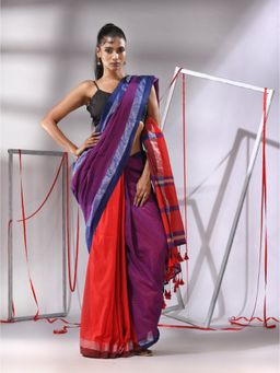 CHARUKRITI - Purple Cotton Patli Pallu Stripe Designs Saree with Unstitched Blouse