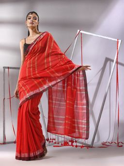 CHARUKRITI - Red Cotton Zari Stripes Saree with Unstitched Blouse