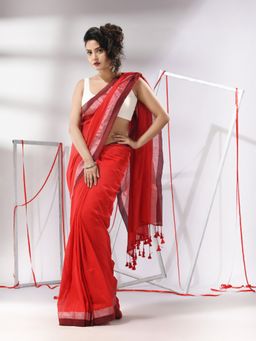 CHARUKRITI - Red Cotton All Over Stripes Saree with Unstitched Blouse