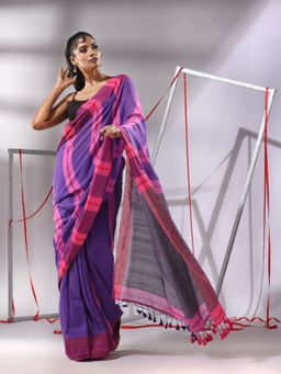 CHARUKRITI - Purple Cotton Zari Stripes Saree with Unstitched Blouse