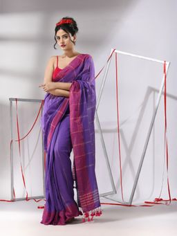 CHARUKRITI - Purple Cotton Stripes Design Saree with Unstitched Blouse