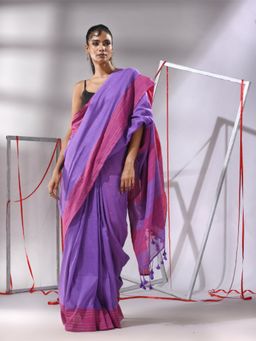 CHARUKRITI - Purple Cotton Stripes Pallu Saree with Unstitched Blouse
