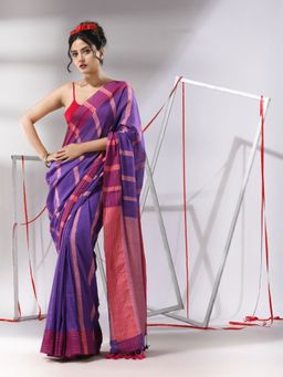 CHARUKRITI - Purple Cotton Stripes Pattern Saree with Unstitched Blouse