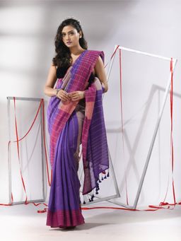 CHARUKRITI - Purple Cotton Zari Stripes Saree with Unstitched Blouse