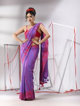 CHARUKRITI - Purple Cotton Stripes Pattern Saree with Unstitched Blouse