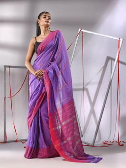 CHARUKRITI - Irish Purple Cotton Zari Stripes Saree with Unstitched Blouse