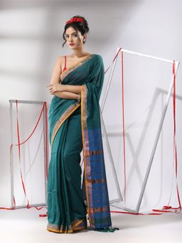 CHARUKRITI - Teal Cotton Stripes Zari Pallu Saree with Unstitched Blouse