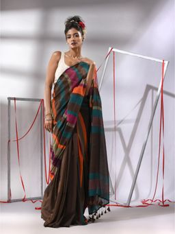 CHARUKRITI - Brown Cotton Stripes Saree with Unstitched Blouse
