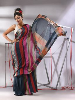 CHARUKRITI - Dark Grey Cotton Stripes Saree with Unstitched Blouse