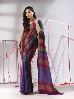 CHARUKRITI - Multicolor Cotton Stripes Design Saree with Unstitched Blouse