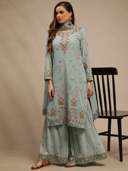 Stylee LIFESTYLE - Turquoise Georgette Embroidered Dress Material