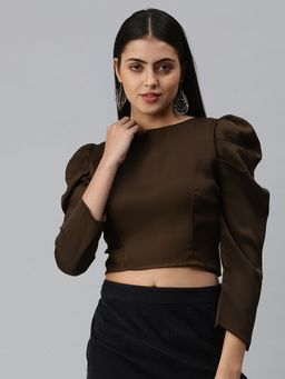 SHOWOFFFF - Women Round Neck Puff Sleeves Solid Brown Crop Top