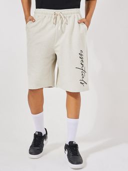 Styli - Men Cream Essentials Print Oversized Cotton Shorts