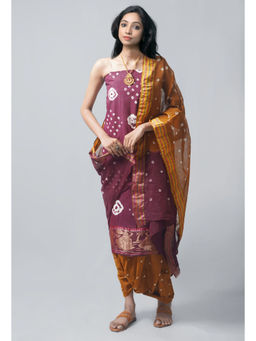Unnati Silks - Unstitched Purple Ochre Pure Bandhani Cotton Salwar Kameez (Set of 3)