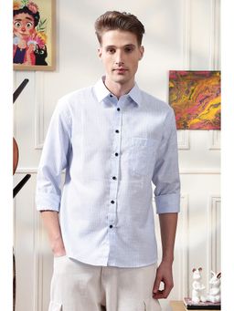 Eszett - Men Blue Linen Stripes Casual Shirt