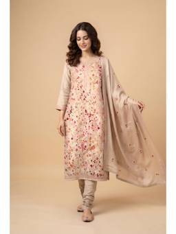 Aparnaa - Cream Hand Embroidered Unstitched Kurta with Bottom and Dupatta
