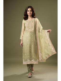 Aparnaa - Green Zari Pita Work Unstitched Kurta with Bottom and Dupatta