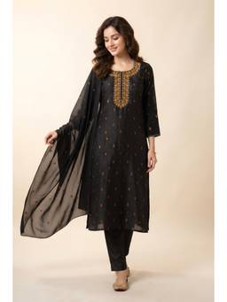 Aparnaa - Black Ari Handwork Unstitched Kurta with Bottom and Dupatta