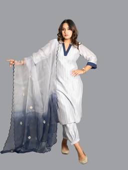 KASAVI - Silver Serene White Ombre Ensemble Kurta with Salwar and Dupatta