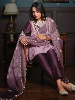KASAVI - Purple Plum Grace Pleated Ensemble Top with Pant and Dupatta