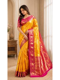 Kalakriti By Rachna - Yellow Baluchari Silk Saree