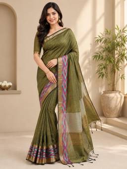 Kalakriti By Rachna - Green Handloom Linen Cotton Saree