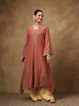 TAHILIYA - Rust Crinkled Tissue A-Line Kurta
