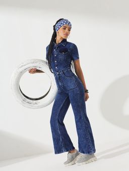 DOLCE CRUDO - Women Navy Flared Stretchable Denim Jumpsuit