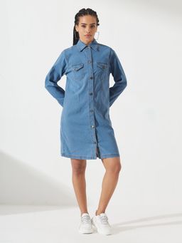 DOLCE CRUDO - Women Blue Polo Neck Full Sleeves Denim Knee-Long Jacket