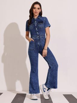 DOLCE CRUDO - Women Blue Flared Stretchable Denim Jumpsuit