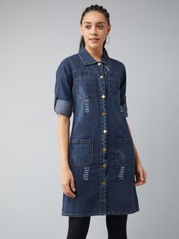 DOLCE CRUDO - Women Navy Blue Polo Neck Denim Longline Jacket