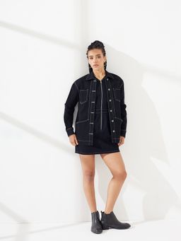 DOLCE CRUDO - Women Black Full Sleeve Panelled Oversized Denim Jacket